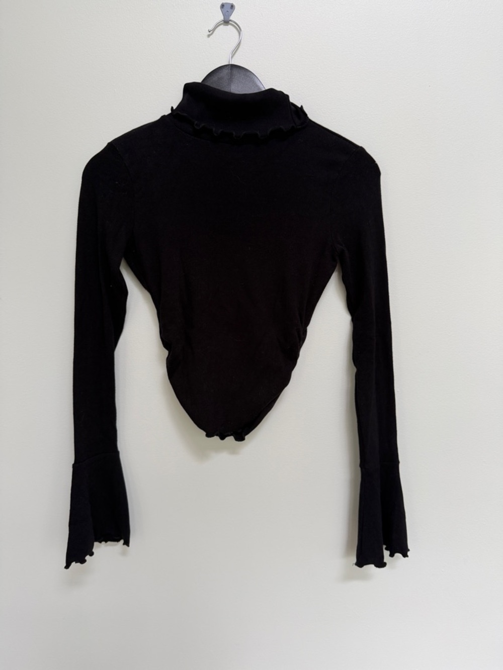 Lovers + Friends Black Ruffle Trim Mock Neck Long Sleeve Top